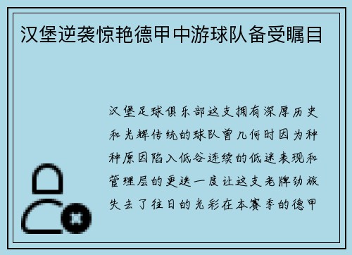 汉堡逆袭惊艳德甲中游球队备受瞩目