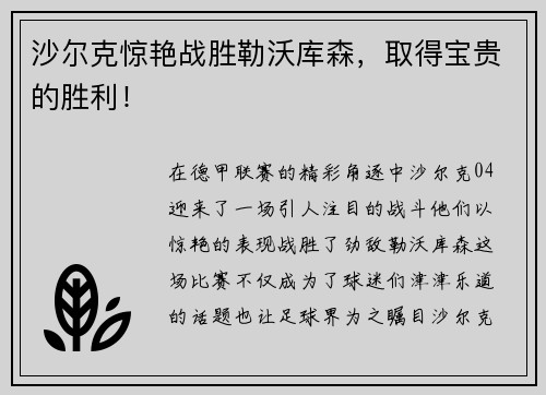 沙尔克惊艳战胜勒沃库森，取得宝贵的胜利！